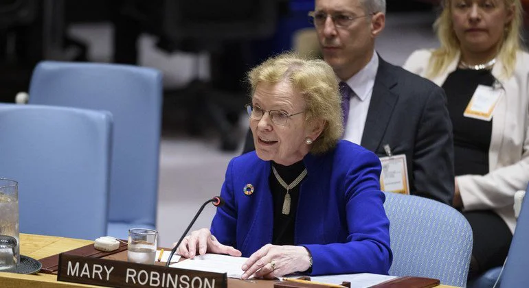 Mary Robinson, former Irish president and a member of The Elders addresses a UN Security Council meeting on conflict prevention and mediation. (12 June 2019) Mary Robinson, former Irish president and a member of The Elders addresses a UN Security Council meeting on conflict prevention and mediation. (12 June 2019)