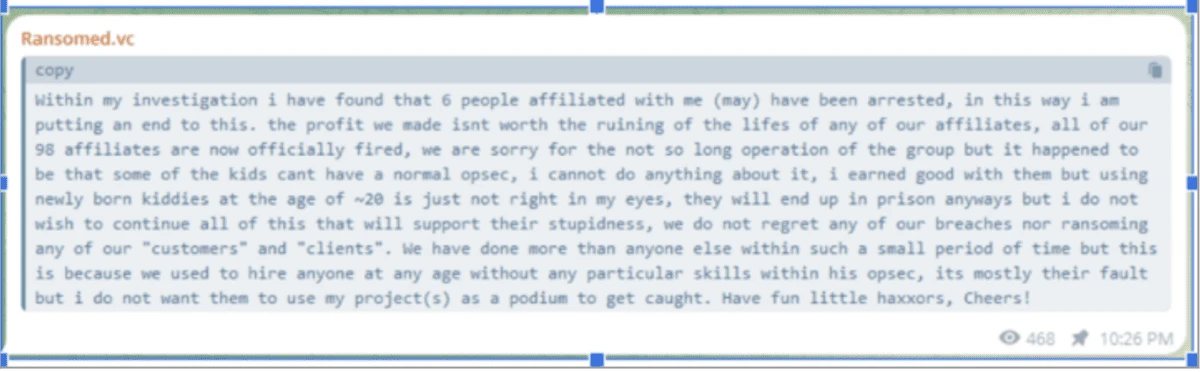 Ransomed[.]vc announces possible arrest of operatives and firing of 98 affiliates