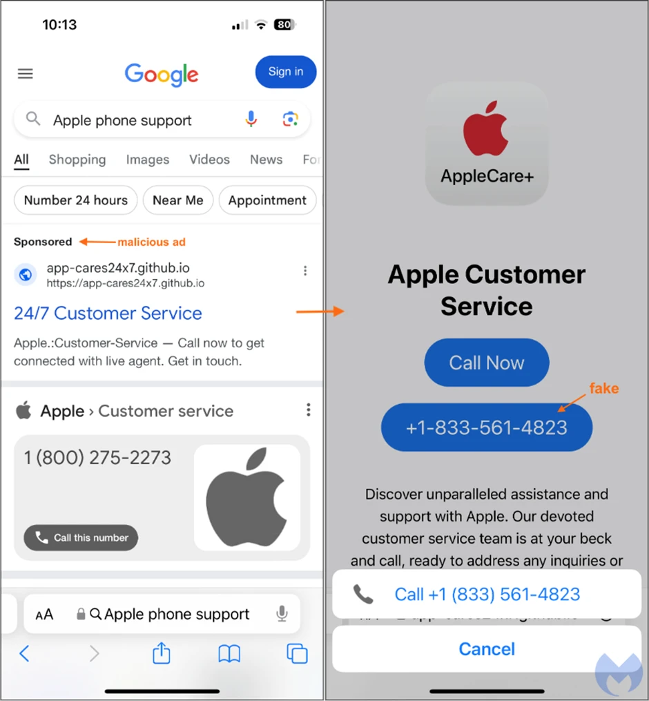Fake Customer Service (source: Malwarebytes)