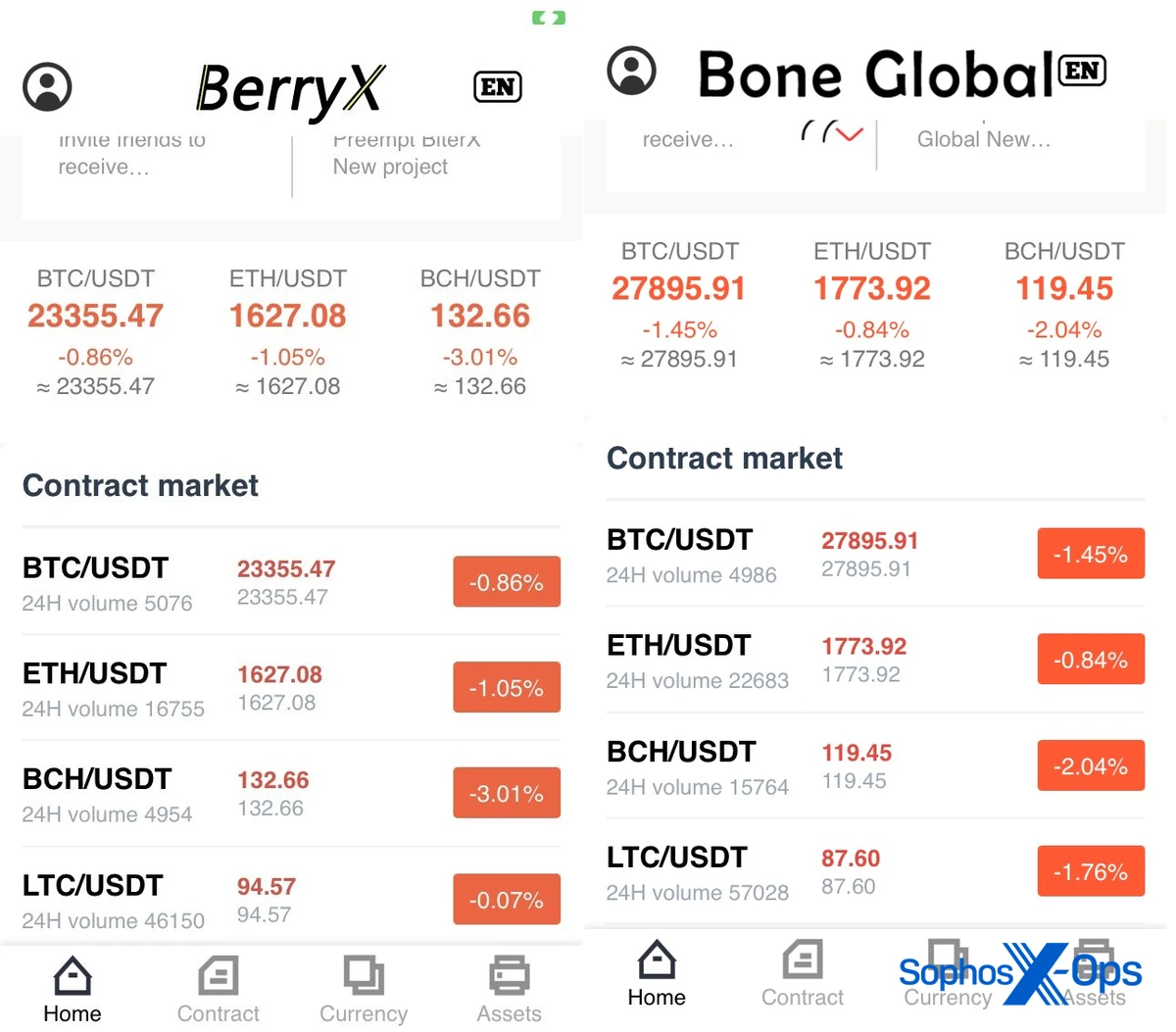 Figure 6: Side-by side views of the user interfaces of nearly identical CryptoRom fake apps