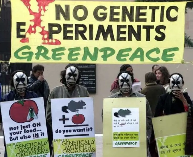 Masked Greenpeace activists hold signs during a demonstration in New Delhi. Credit: Reuters