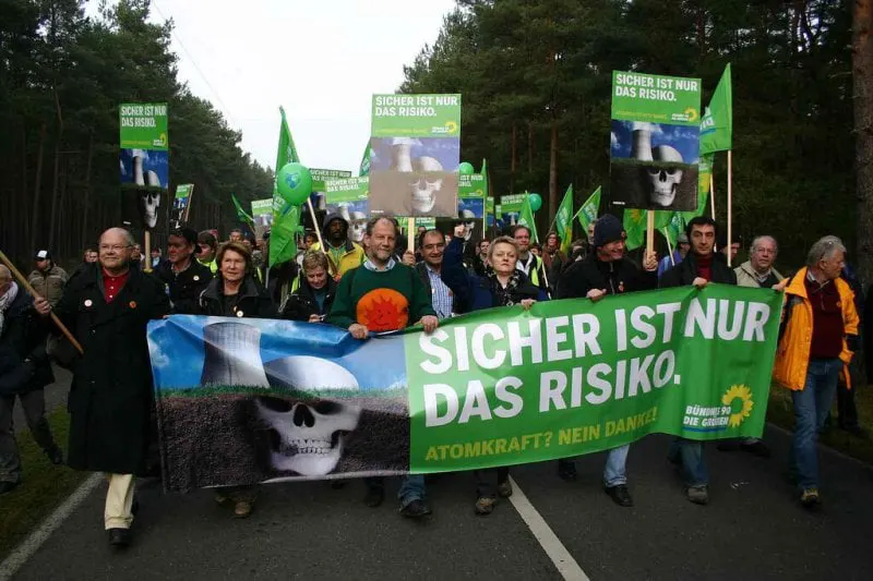 Anti-nuclear protest sign, saying "Only the risk is certain. Atomic power? No thanks!" Credit: Wikimedia