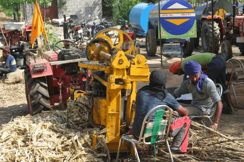 Raw and crushed sugarcane, next to a sugarcane crusher and tractor. Credit: Sixtybolts via Flickr and CC-BY-SA-2.0