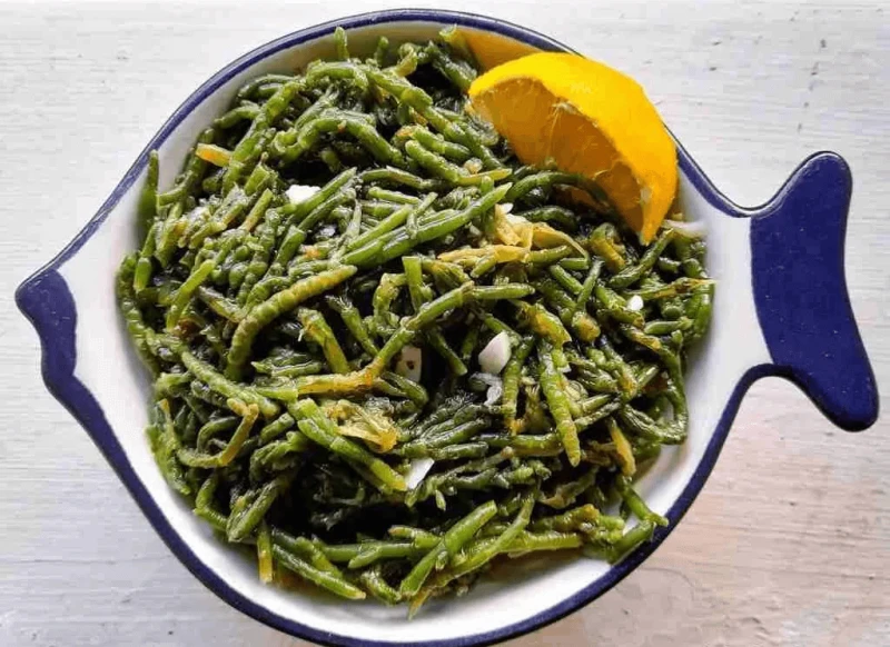 A dish consisting of sea beans, Samphire, and Salicornia.