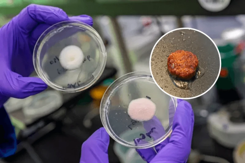 mold-burger-mold-petri-dishes Natural Koji mold, left, and an engineered version, right. Inset, the burger patty scientists created from the mold. Credit: Berkeley Lab