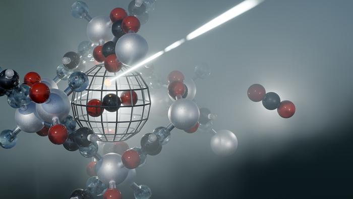 Artistic representation of CO2 capture from a moisture-laden gas stream using CALF-20, a zinc-based metal-organic framework.