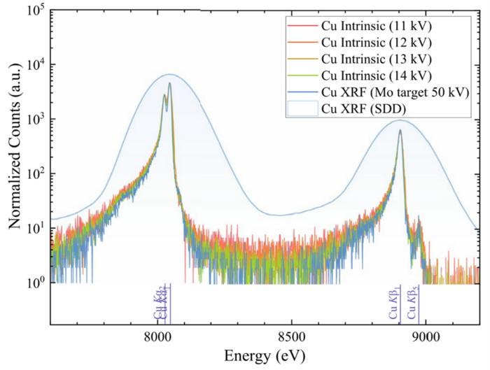 A comparison of the intrinsic and XRF energy spectra of copper obtained from electron and photon sources