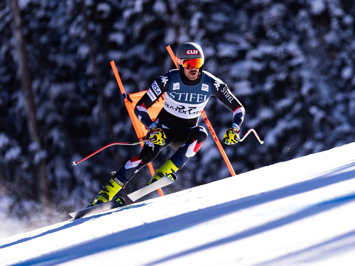 Bryce Bennett skis during a downhill training run in Beaver Creek, Colorado