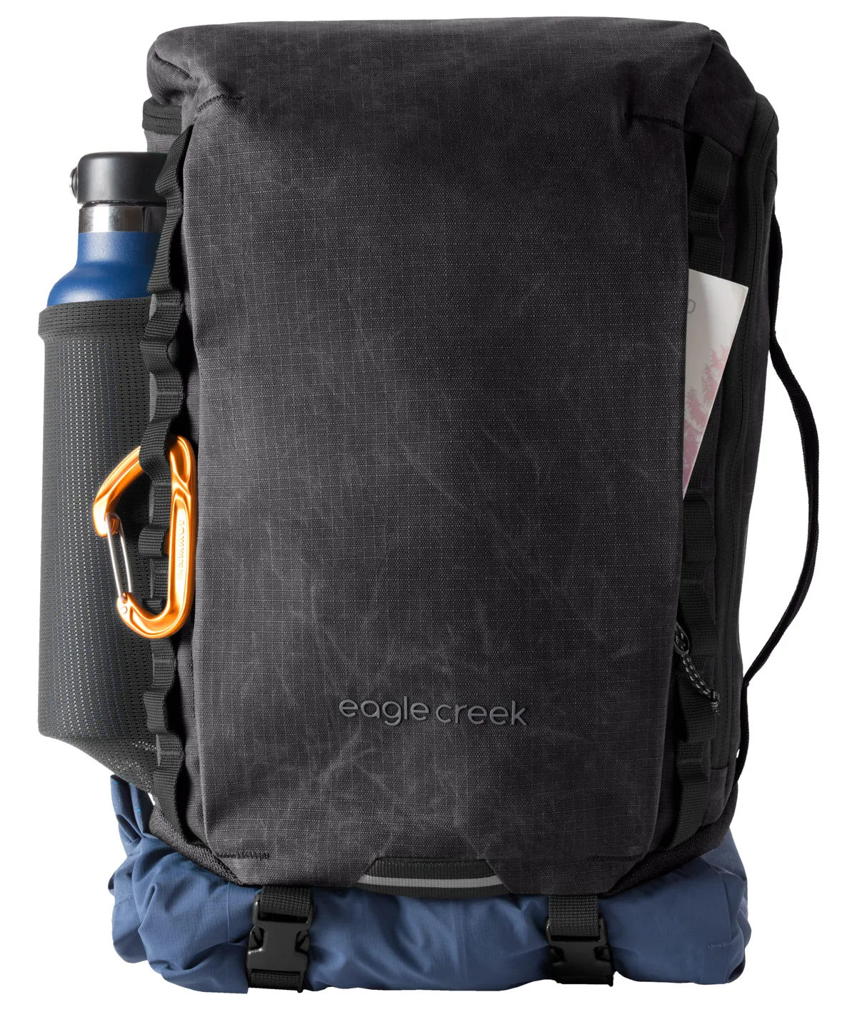 Black packack with a water bottle on the side