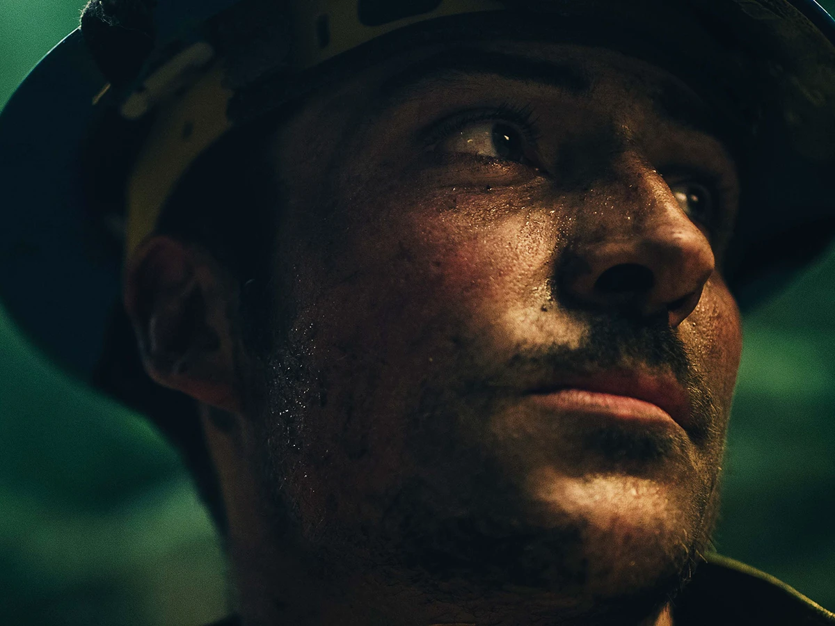 Up-close shot of a wildland fireman's face