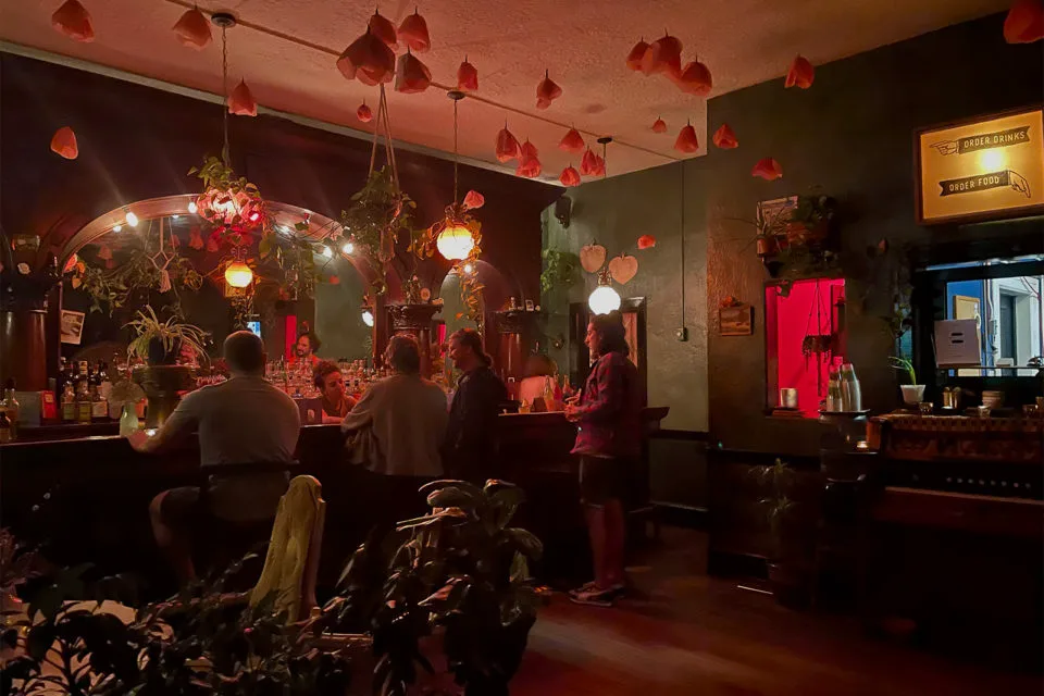 People linger over the bar inside Fort Greene's dark interior, where paper flowers hang from the ceiling