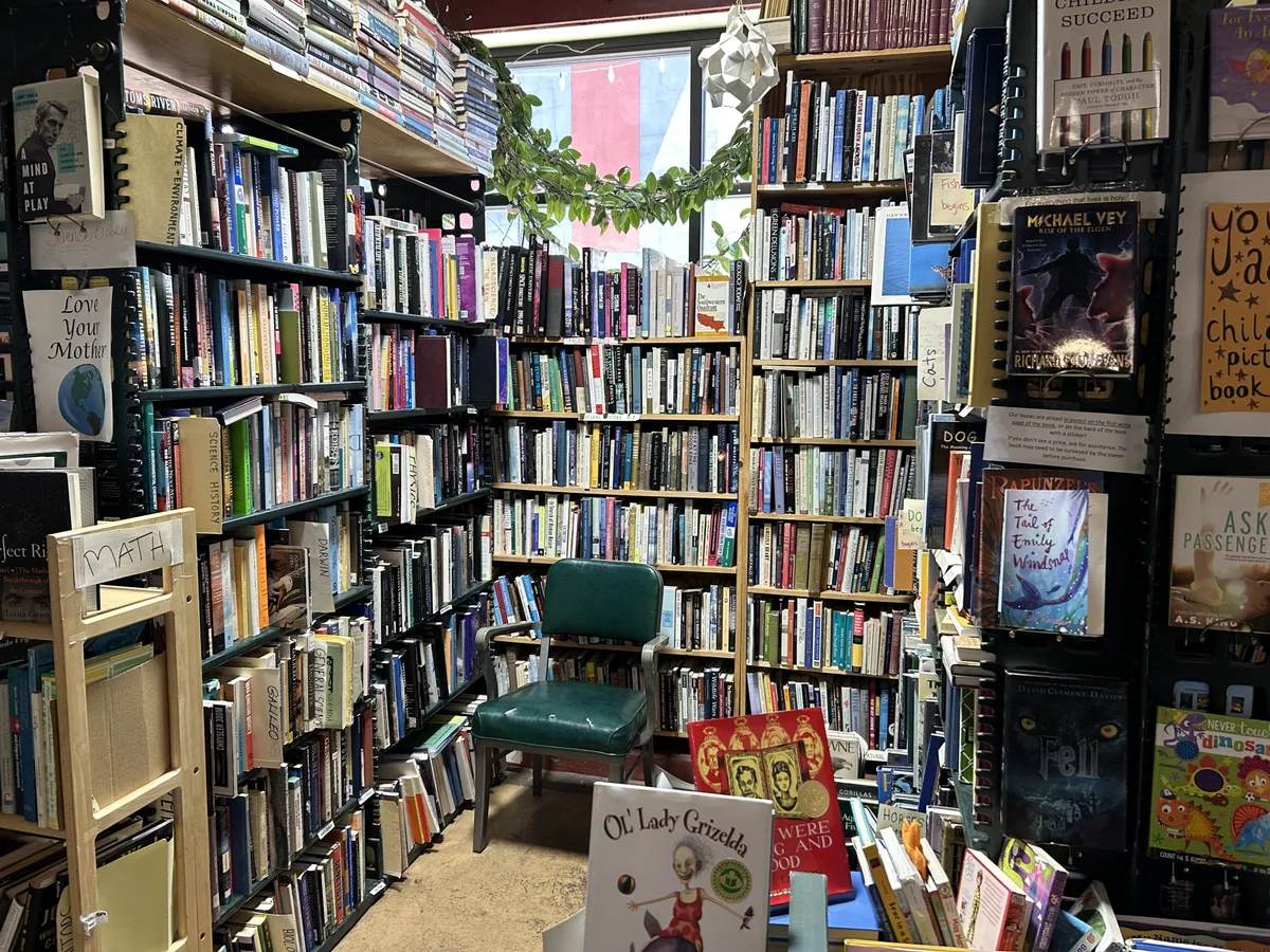 Shelves brimming with books surround a single chair