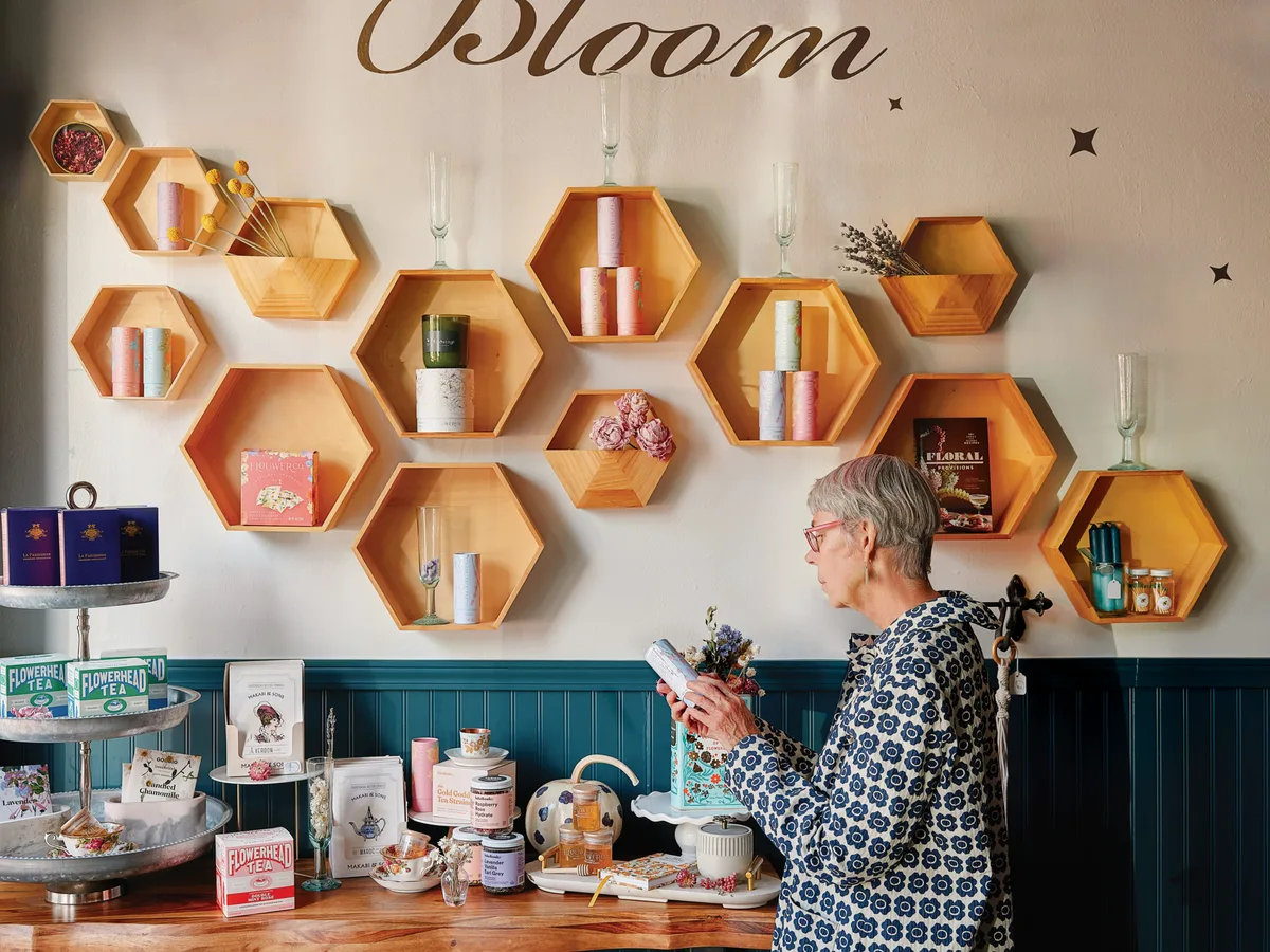 lady under honeycomb shelves