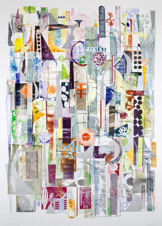 "Move the Needle" by Sue Oehme, a colorful mono print created with bags and soda rings.