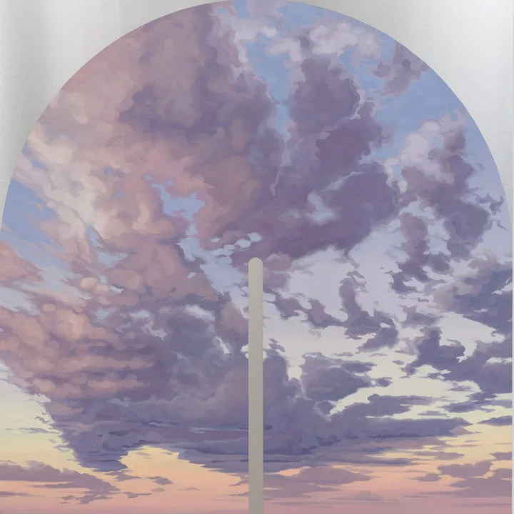 "Once Upon a Time" by Mai Wyn Schantz, oil paint on steel to create a colorful cloudscape.