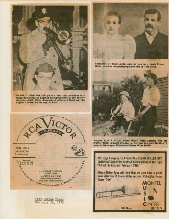 Clippings from the Fort Morgan Times related to Glenn Miller. Photo courtesy of CU Boulder.