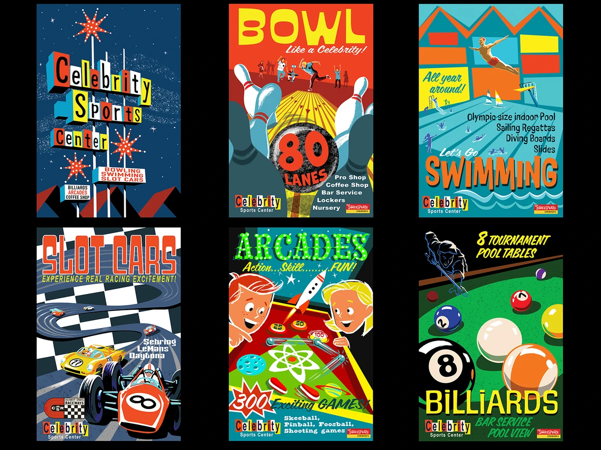 Six retro posters of the former Celebrity Sports Center