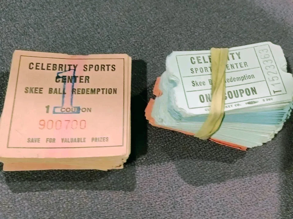 Stacks of old tickets from the arcade at Celebrity Sports Center