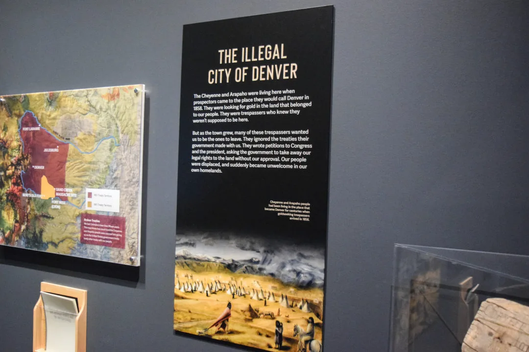 A photo of a sign displayed at the Sand Creek Massacre exhibit at History Colorado Center. Photo by Barbara Urzua