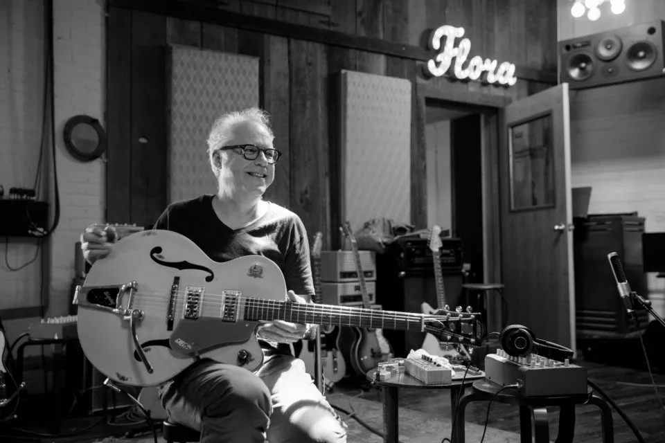 Jazz guitarist Bill Frisell in a studio.
