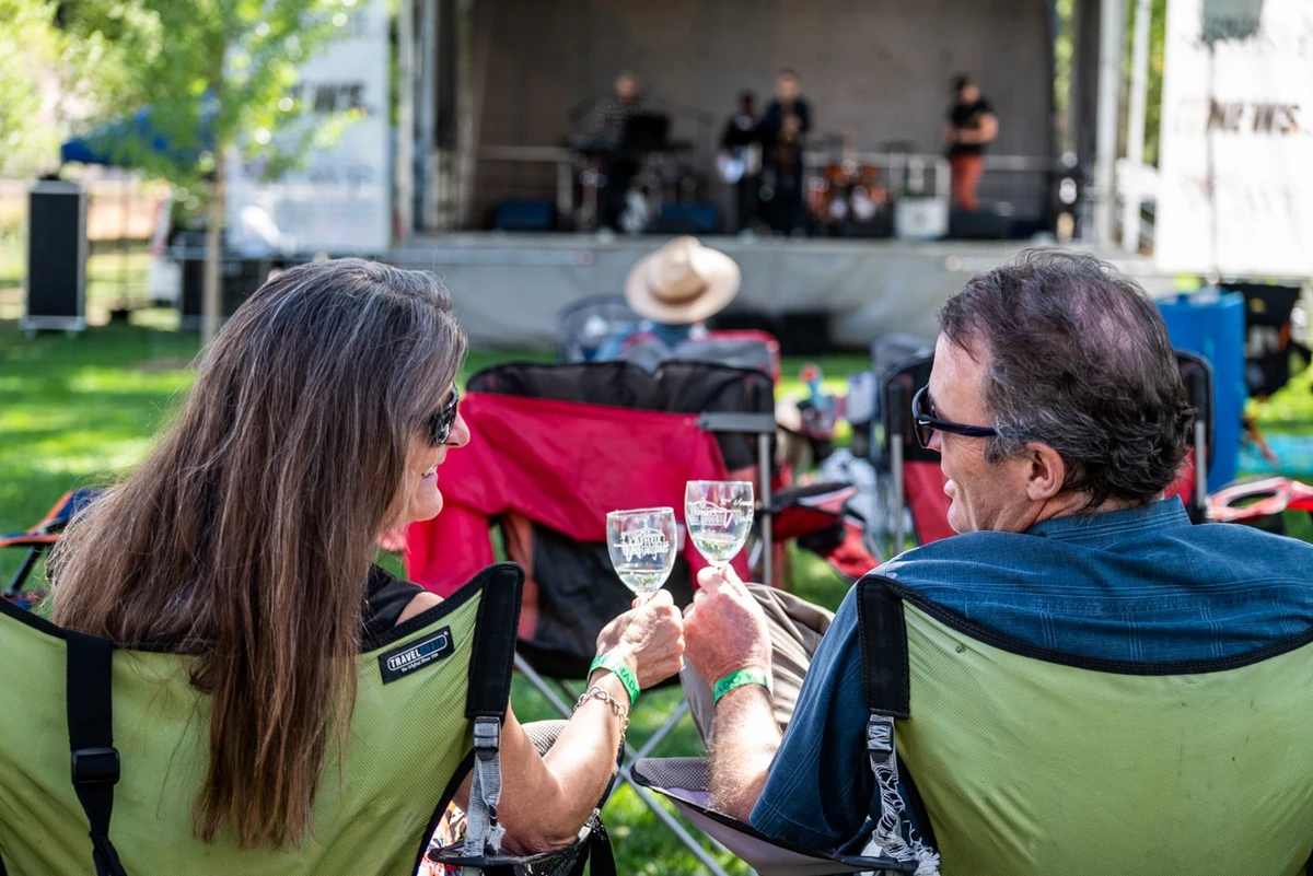 Two people clink a glass while watching live music.